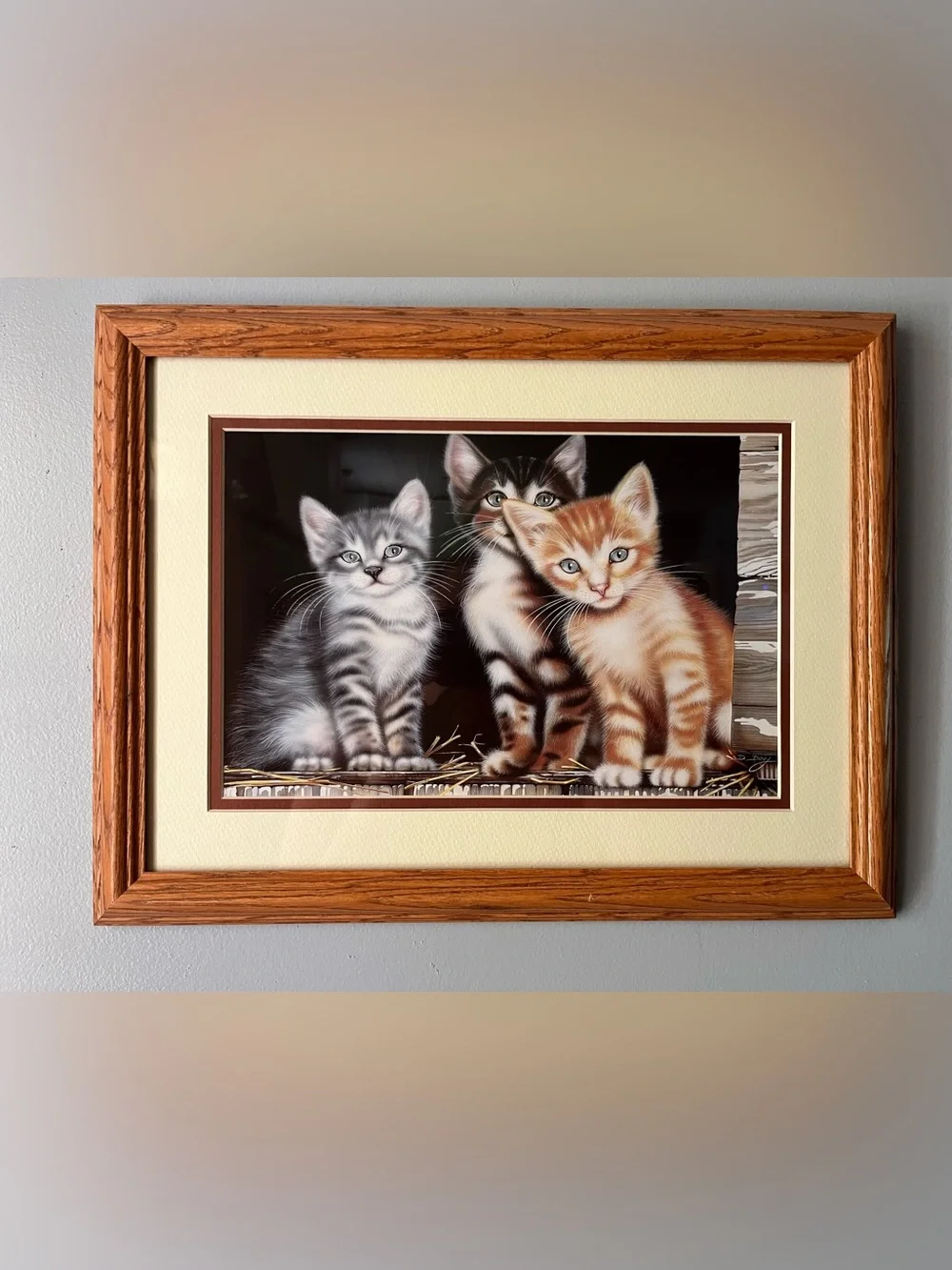 Vintage Cat Kitten Art Print – 3 Kittens – Wood Frame – Cottagecore Farmhouse